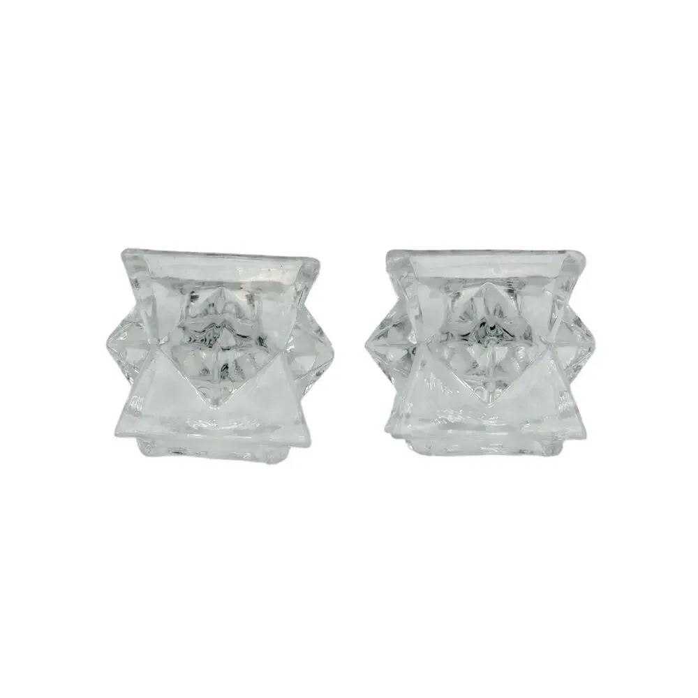 Vintage Clear Glass Star Taper Candle Holders Pair Pressed Faceted Geometric